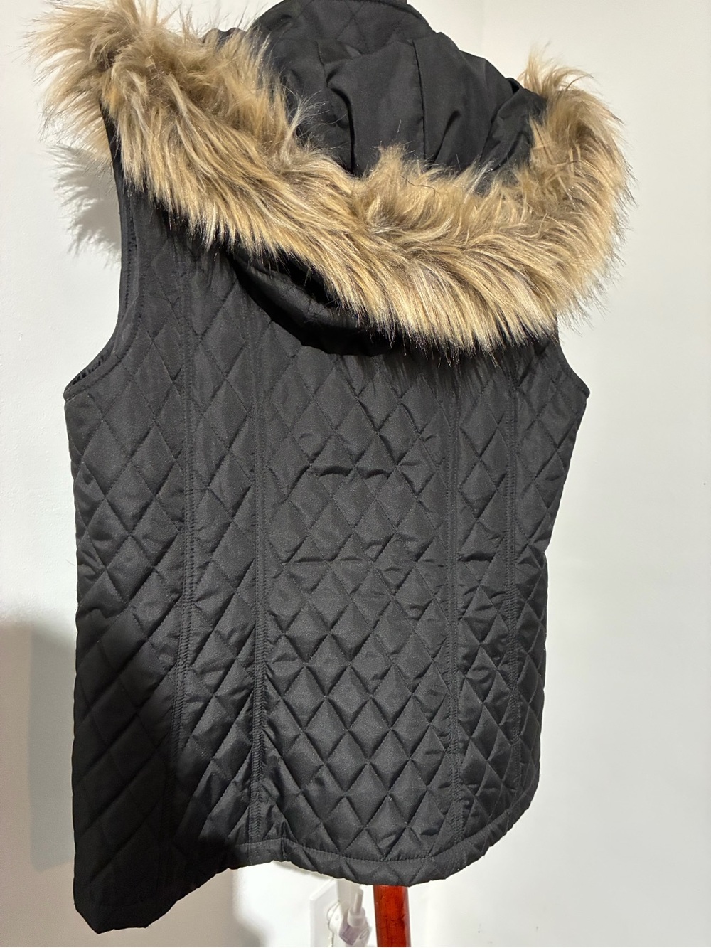 Black Rivet Black Quilted Hooded Vest with Faux Fur Trim